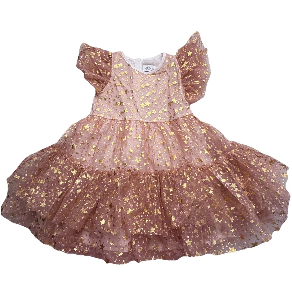 Lola + The Boys Goldie Star Dress Pink Tulle Foil Tiered Flutter Sleeve Size 6